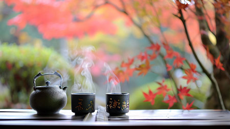 A steaming teapot and two cups of tea sit on a table, framed by the colorful autumn leaves of a...
