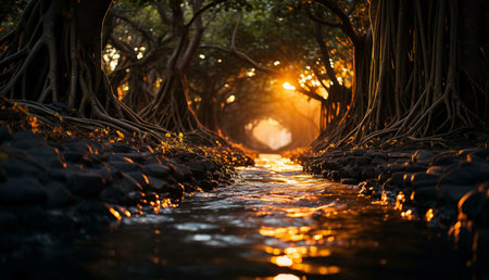 A tranquil stream flows through a tunnel of mangrove trees at sunset, bathed in warm, golden light.の写真素材
