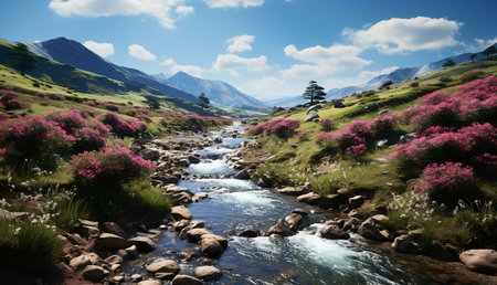Stunning mountain river flowing through a lush valley. Pink wildflowers line the banks, creating a...
