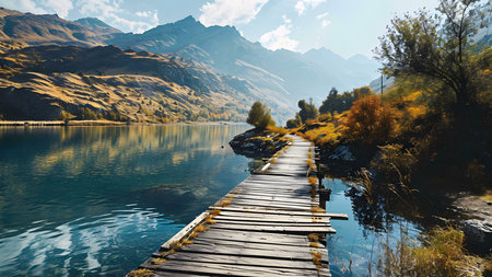 A tranquil mountain lake with a rustic wooden bridge leading to the mountains. The scene is calm and picturesque.の写真素材