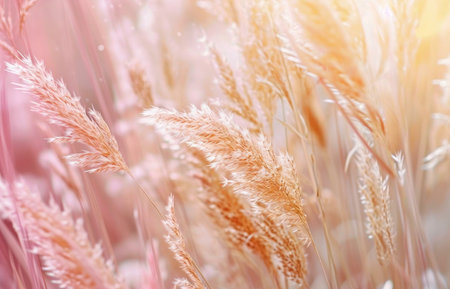 Close-up of pastel-colored pampas grass bathed in soft sunlight. The image evokes a serene and peaceful atmosphere.の写真素材