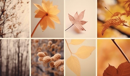 A beautiful collage showing the vibrant colors and textures of autumn. Leaves, flowers, and branches create a stunning visual display.の写真素材