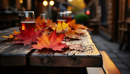 Rustic wooden table, fall leaves, beer glasses.