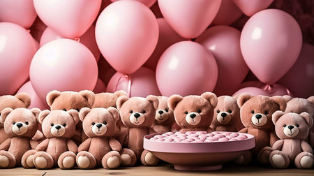 Cute teddy bears in front of a pink balloon backdrop. Perfect for baby shower, birthday or a sweet...
