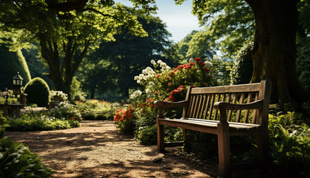 Wooden bench nestled in a vibrant garden, sunlight filtering through lush green trees. Peaceful and serene atmosphere.の写真素材