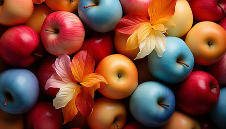 Colorful apples and flowers create a vibrant still life. The image is rich in texture and evokes a...