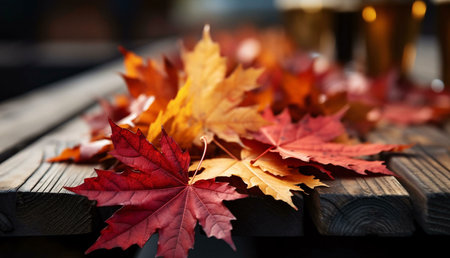 Stunning close-up of autumn leaves on a rustic wooden surface. Warm colors and beautiful textures.