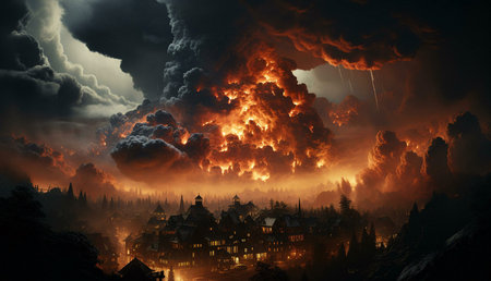 A small town is threatened by a massive, fiery storm in the sky. The scene is dark, dramatic, and...