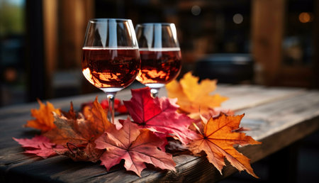 Two glasses of rose wine sit on a rustic wooden table adorned with autumn leaves. A perfect autumnal...