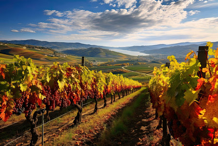 Stunning vineyard in autumn, showcasing vibrant colors and rolling hills. A picturesque scene of...