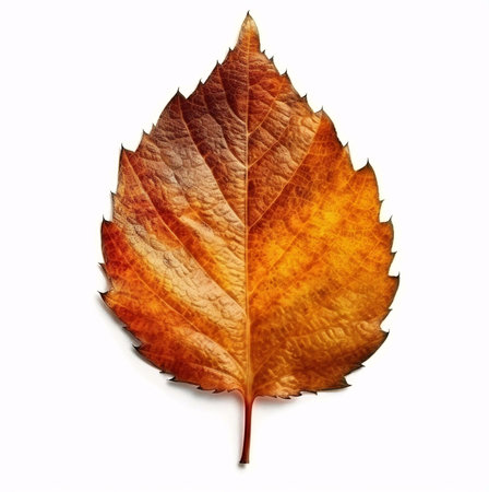 Close-up image of a single, dried autumn leaf against a white backdrop.