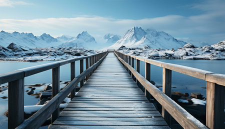 A wooden bridge stretches towards snow capped mountains reflected in a serene lake.の写真素材