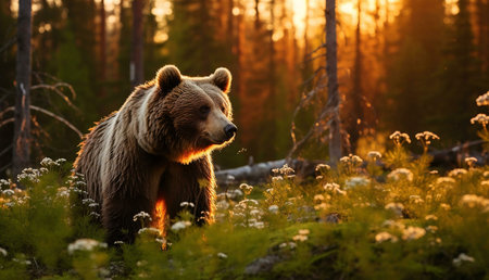 A magnificent brown bear stands amidst wildflowers bathed in the golden light of sunset in a lush forest.の写真素材