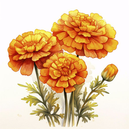 Three stunning marigolds in full bloom, captured in a vibrant watercolor painting. A botanical illustration showing intricate details.の写真素材