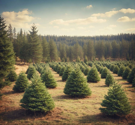 Rows of Christmas trees on a farm during autumn. Serene and peaceful atmosphere.の写真素材