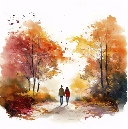 A watercolor painting depicts a couple strolling through a path lined with autumn trees, their vibrant leaves creating a scenic fall landscape. The artwork evokes a sense of romance and tranquility.の写真素材