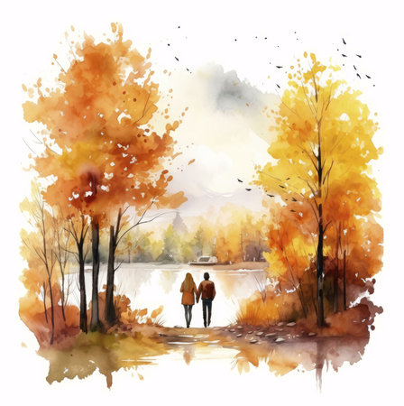 A watercolor painting depicting a couple walking hand-in-hand by a lake during autumn. Surrounding them are vibrant fall trees and a serene atmosphere.の写真素材