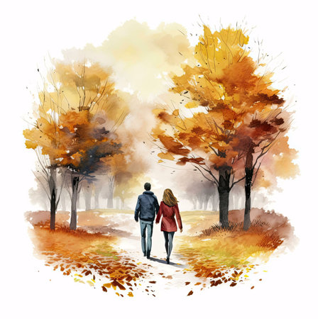 A watercolor painting depicting a couple walking hand-in-hand through an autumnal forest path.の写真素材