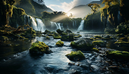 A breathtaking waterfall cascades down moss-covered rocks into a crystal-clear river. Sunlight...