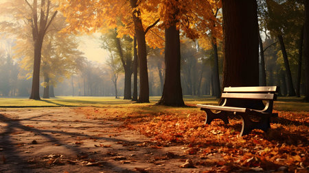 A park bench sits amidst fallen autumn leaves, bathed in golden sunlight. The scene is serene and peaceful.の写真素材