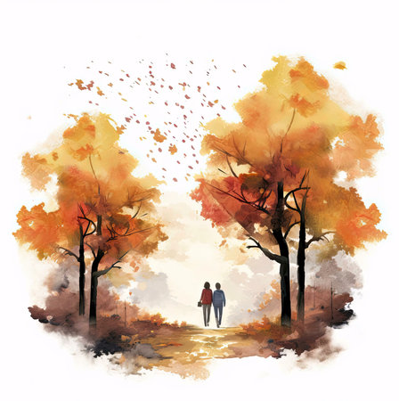 A watercolor painting depicting a couple walking through an autumnal forest. Warm colors and falling leaves create a romantic atmosphere.の写真素材