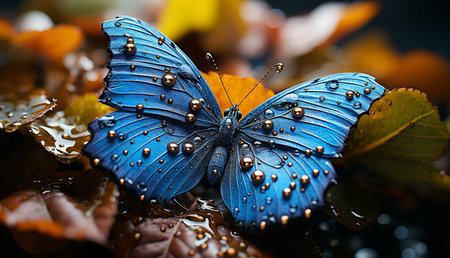 A stunning blue morpho butterfly adorned with golden water droplets rests on autumn leaves.