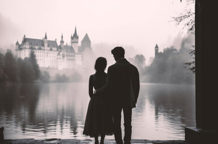 Silhouetted couple by a misty lake with a fairytale castle in the background.