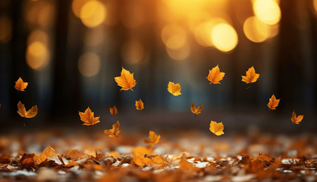 Falling autumn leaves in a magical forest. Golden leaves flutter down, creating a serene atmosphere.の写真素材