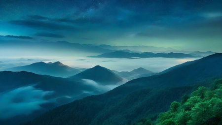 Majestic mountain range at night, shrouded in mist, under a starry sky. Peaceful and serene...