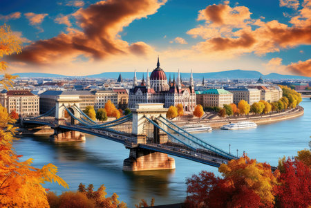 Stunning autumn view of Budapest's Chain Bridge and Parliament building. Golden hues paint the cityscape.の写真素材
