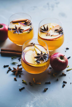 Three glasses of warm spiced apple cider, garnished with cinnamon sticks and apple slices,...