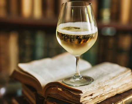 A glass of sparkling wine sits atop aged books in a dimly lit library setting. The image evokes a sense of calm and refined enjoyment.の写真素材