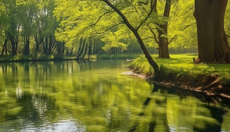 A tranquil river flows through a lush green forest. Sunlight illuminates the leaves, creating a serene atmosphere.の写真素材