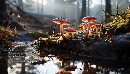 Reddish mushrooms by a forest puddle. The magical reflection adds to the enchanted atmosphere.の写真素材