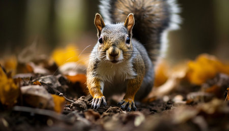 Close-up of a curious squirrel among autumn leaves in a forest.