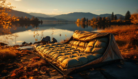 Peaceful sunset view of a luxurious camping bed by the lake, surrounded by autumn colors.の写真素材