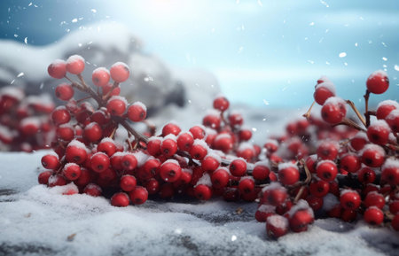 Red berries covered in fresh snow, creating a winter wonderland scene. Perfect for holidays.の写真素材