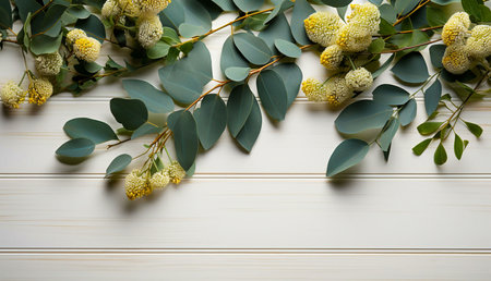 Elegant floral arrangement featuring eucalyptus and billy buttons on a white wooden background. Perfect for wedding invitations or home decor.の写真素材