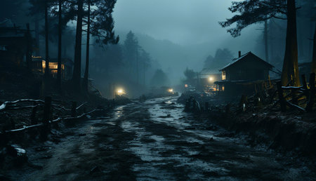 A misty mountain village at night. Dark, mysterious, and serene.