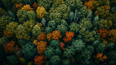 Aerial shot showcasing a vibrant autumn forest, displaying a mix of green, orange, and red foliage.