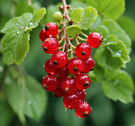 A bunch of ripe red currants hanging from a branch, glistening with dew drops. Lush green foliage...