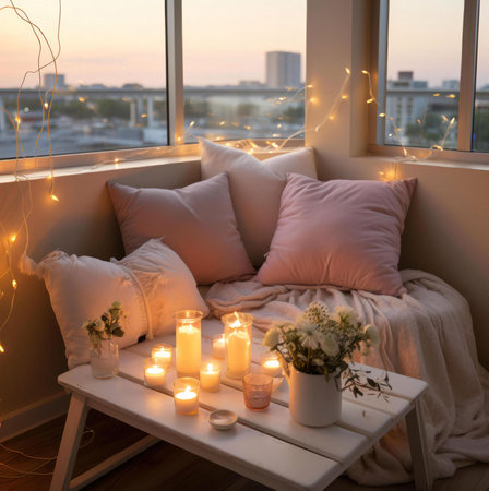 A cozy window seat bathed in candlelight, perfect for relaxation. Pink pillows and soft blankets create a peaceful atmosphere.の写真素材