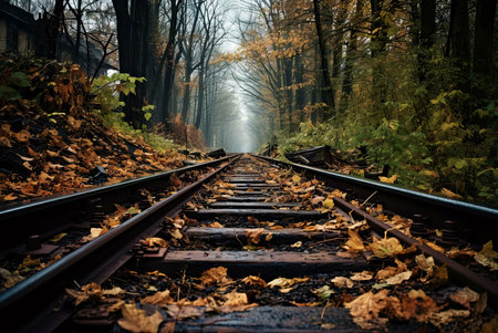 A captivating view of railroad tracks disappearing into a misty autumn forest. The ground is covered in fallen golden leaves.の写真素材