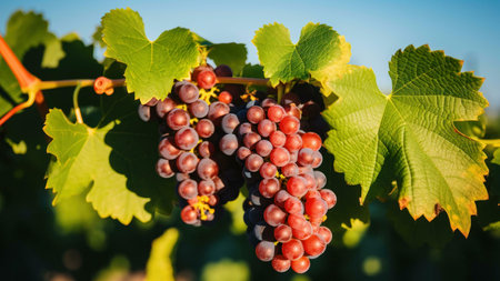 Close-up of ripe red grapes hanging from a vine, bathed in sunlight.