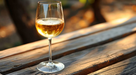 A glass of white wine sits on a rustic wooden table, bathed in the warm glow of the setting sun.の写真素材