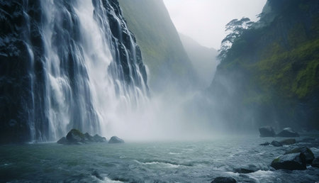A mesmerizing waterfall plunges into a misty canyon, creating a serene and breathtaking natural scene. The calm water reflects the surrounding cliffsの写真素材