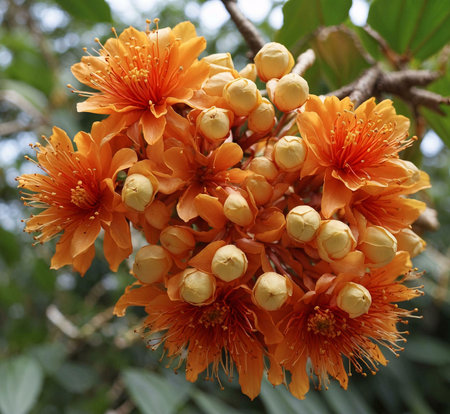 Close-up of vibrant orange Shorea robusta flowers in full bloom. The image showcases the intricate...