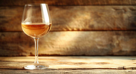 Single glass of white wine on wooden table. Rustic backgroundの写真素材