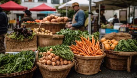 A colorful farmers market bursting with fresh, organic produce. Baskets overflow with carrots, potatoes, and leafy greens.の写真素材