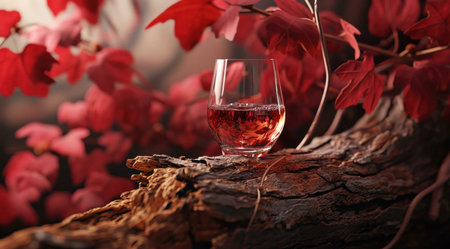A glass of red wine sits on a rustic wooden log, surrounded by vibrant red autumn leaves. Autumnal scene.の写真素材